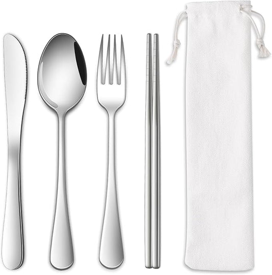 DEHOV Travel Utentils Set With Pouch,Reusable Portable Camping Silverware Set Knife Spoon Fork Chopsticks For Picnic,Travel Accessories Gadgets,Picnic Essentials