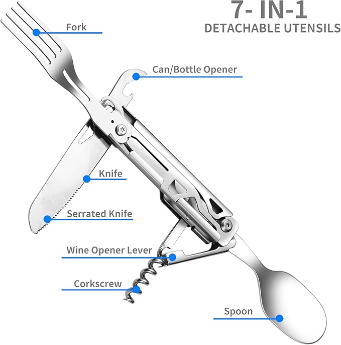 POXIMO Camping Utensils, 6-In-1 Detachable Stainless Steel Camping Flatware Multi-tool kits with Spoon Fork Knife Corkscrew Bottle&Can Opener, Folding Portable Cutlery Set for Travel Hiking Picnic