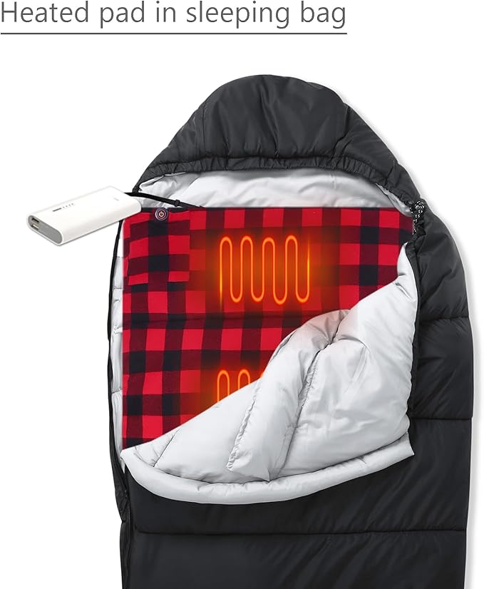 Heated Sleeping Bag pad, Operated by 5V/2A USB Power Supply (Battery NOT Included). Black & Red Flannel.
