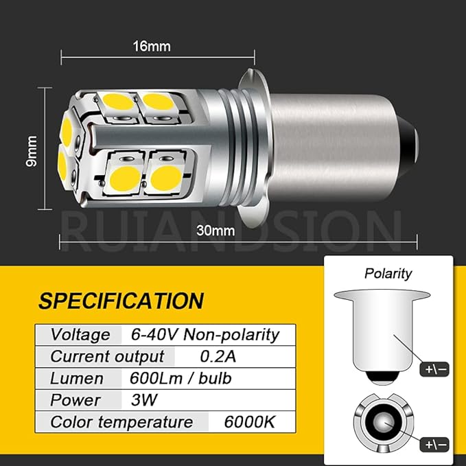Ruiandsion White P13.5S LED Flashlight Bulb, 6-40V Universal Upgrade (6V/9V/12V/18V/19.2V/24V) Non-Polarity Replacement for Flashlight, Torch, Lantern & Work Light