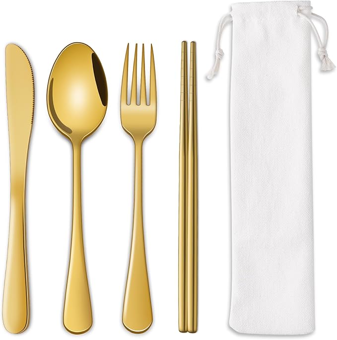 DEHOV Gold Travel Utensils Set With Pouch,Outdoor Camping Silverware Set For Picnic Gadgets,Set Of 5 Portable Cutlery Spoon And Fork Set With Case For Dining