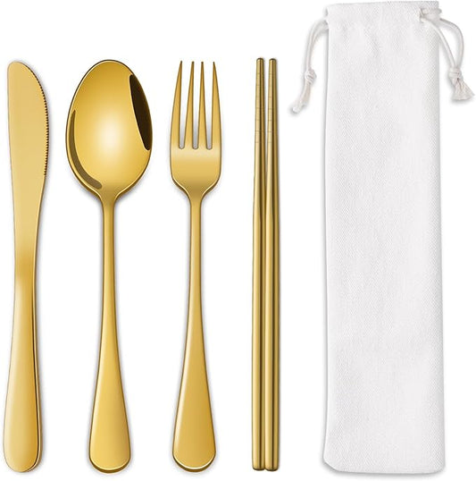 DEHOV Gold Travel Utensils Set With Pouch,Outdoor Camping Silverware Set For Picnic Gadgets,Set Of 5 Portable Cutlery Spoon And Fork Set With Case For Dining