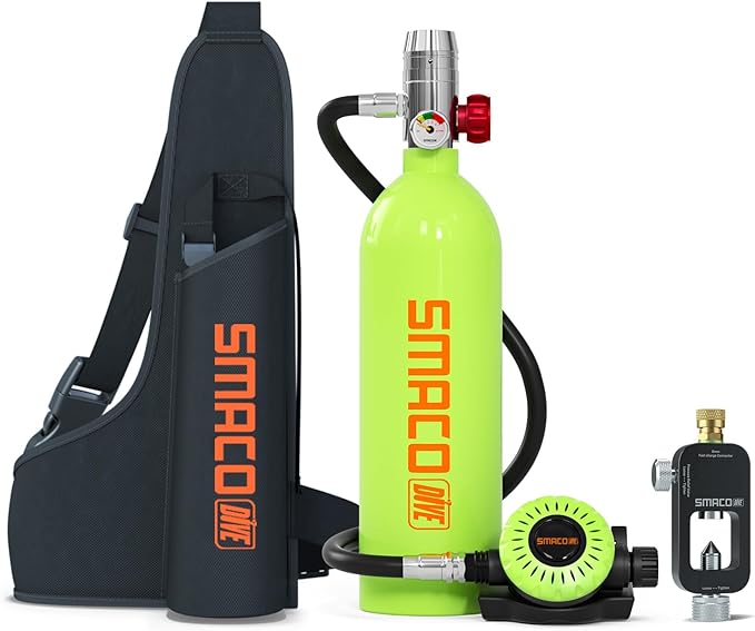 SMACO Mini Scuba Tank 1L Small Diving Tank for Underwater Breathing Portable Lung Air Tank Diving Oxygen Cylinder Kit for Emergency Rescue Boat Cleaning Backup Air Source Pony Bottle S400