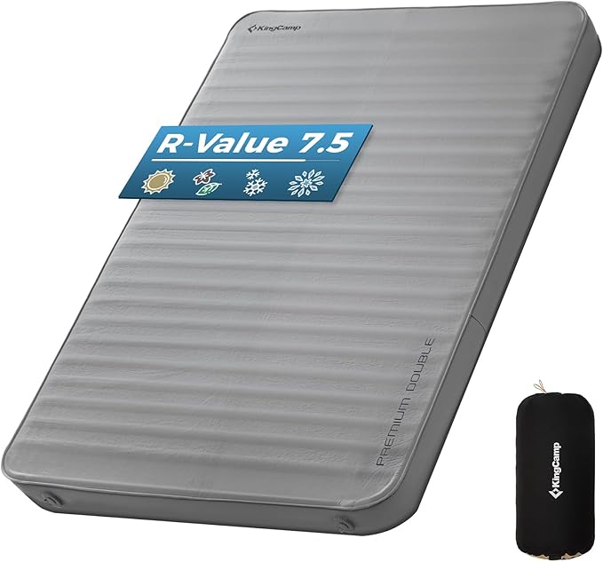 KingCamp PREMIUM DOUBLE Self Inflating Sleeping Pad, 7.5 R-Value Air & Foam Camping Mattress 2 Person, 3" Thick Full Size Double Insulated Sleeping Pad with Pump Sack for Car Camp Tent, PVC Free, Grey