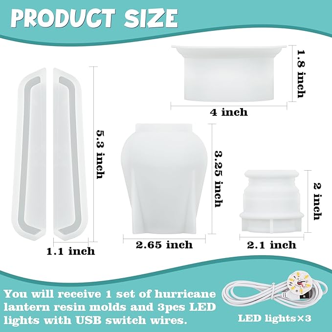 Actvty Oil Lamp Resin Molds Set, Hurricane Lamp Silicone Mold for Resin Casting, Epoxy Light Molds with 3pcs LED Lights DIY Retro Lantern Indoor Oil Lamps for Table Fireplace Home Decoration