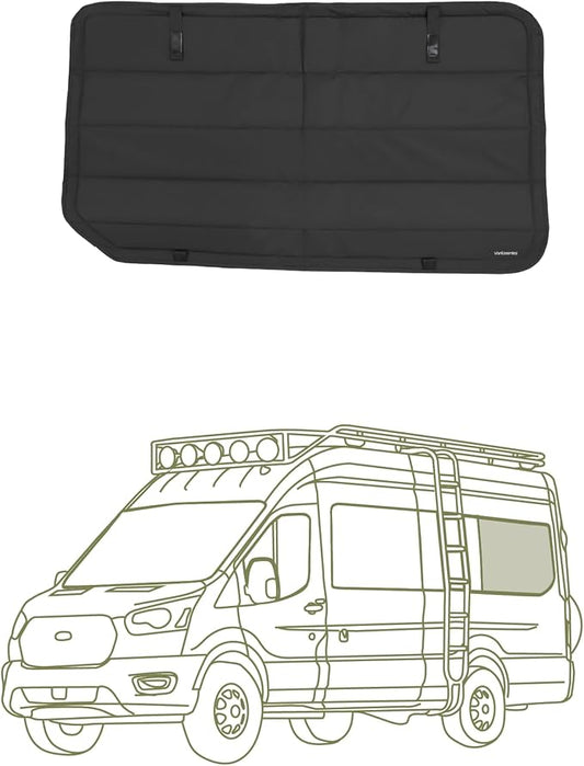 VanEssential Insulated Blackout Window Cover Designed for Ford Transit High/Medium Roof Full Plastic Trim 148 Extended Length Rear Qtr LH (Drivers Side) Window - Black