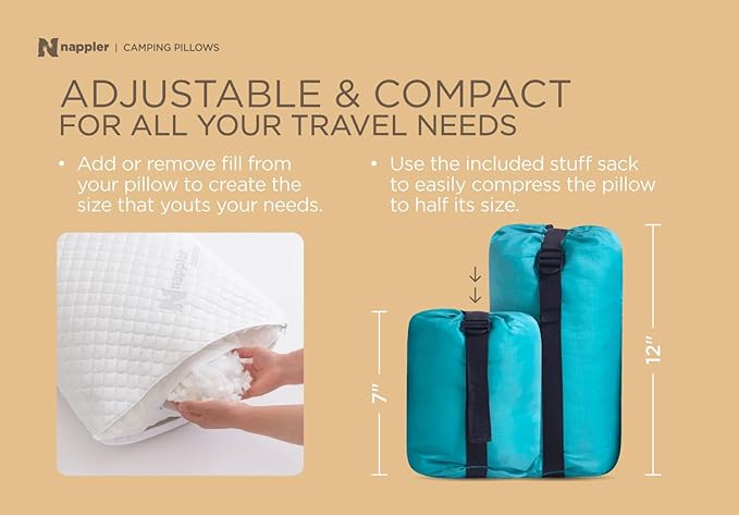 Nappler Blue Small Shredded Memory Foam Pillow for Travel and Camping - Compressible Medium Firm Bed Pillow, Breathable Cover, Machine Washable, Backpacking, Airplane and Car