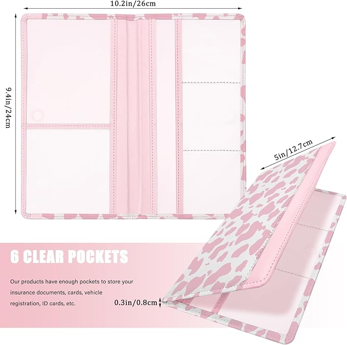 Car Registration and Insurance Holder, with Magnetic Closure for License, Cards and Documents, All Vehicle Needs and Car Accessories (Cow-Pink)