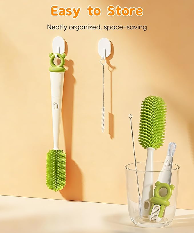 Bottle Cleaning Brush Set 4 in 1, Baby Bottle Cleaner Includes Silicone Bottle Brush, Nipple Brush, Detail Brush & Straw Brush, Portable Long Handle Bottles Scrubber Cleaning Tool, Dishwasher Safe