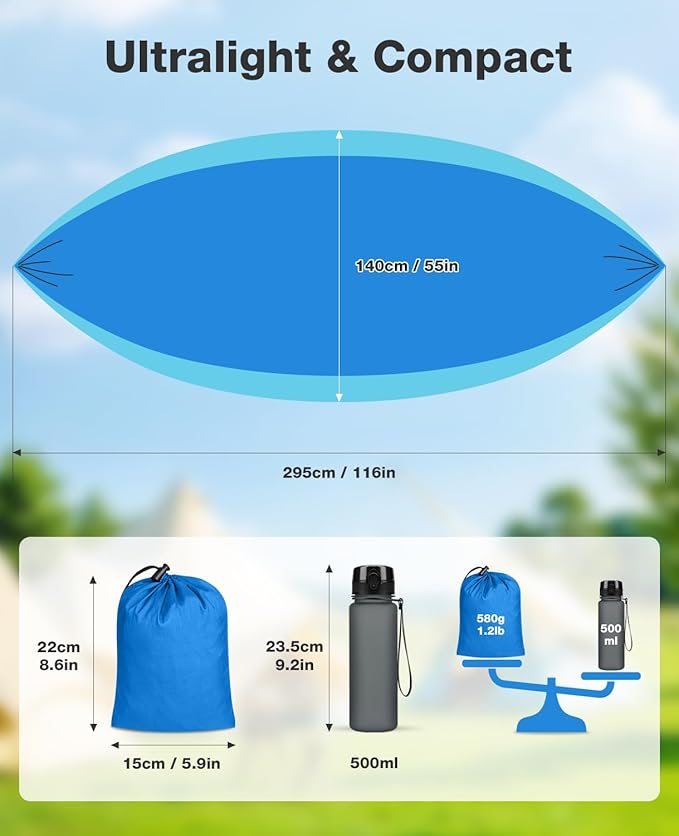MOSFiATA Camping Hammock, Heavy Duty up to 500lbs with 2 Tree Straps and Attached Carry Bag Portable Outdoor Hammock for Backpacking Hiking Travel,Beach (Sky Blue)