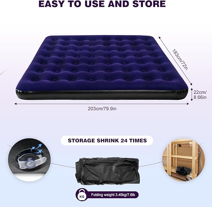 Onirii King Size Camping Air Mattress Bed with Air Pump,80"x 72"Thickened Portable Blow Up Inflatable Air Mattress,Travel Sleeping Bed Pad for Camping Home Hiking