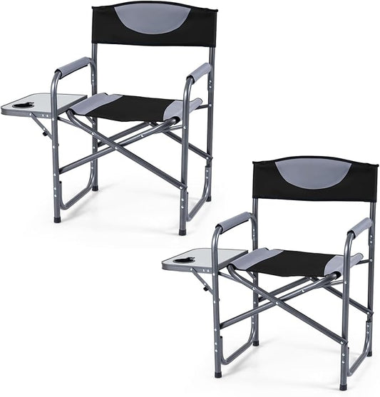 COSTWAY Folding Camping Chair, Lightweight Portable Directors Chair w/Side Table & Cup Holder, Padded Outdoor Heavy Duty Lawn Chair for Fishing, Picnic, Sports, Beach, Max Load 400 lbs (Black,2)