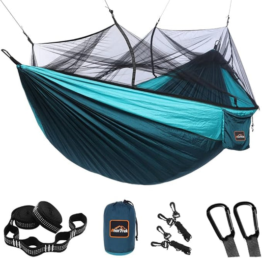 AnorTrek Camping Hammock with Mosquito Net, Double & Single Lightweight Portable Hammocks with Tree Straps, Parachute Hammock for Camping, Backpacking