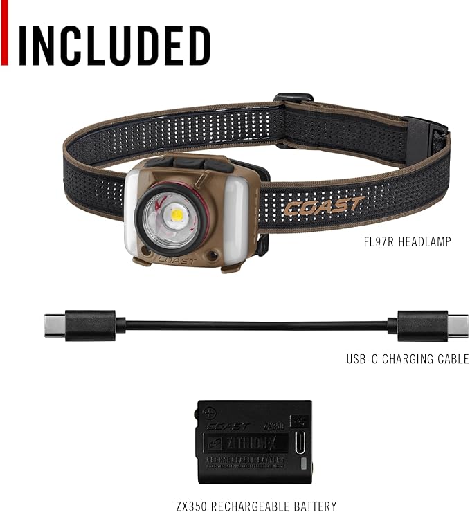 Coast FL97R Voice-Controlled 1200 Lumen Rechargeable LED Headlamp with Pure Beam® Spot & Flood, ARC Lighting, Red & Green Color Modes, Glide Focus™ Radial Arm Dial and USB-C Charge Port, Desert