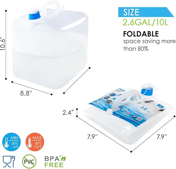 Collapsible Water Container with Spigot, 2×2.6 Gallon BPA Free Camping Water Storage Jug Carrier for Outdoors Hiking Backpack RV&Emergency, Survival Water Canteen-Portable Foldable Transparent