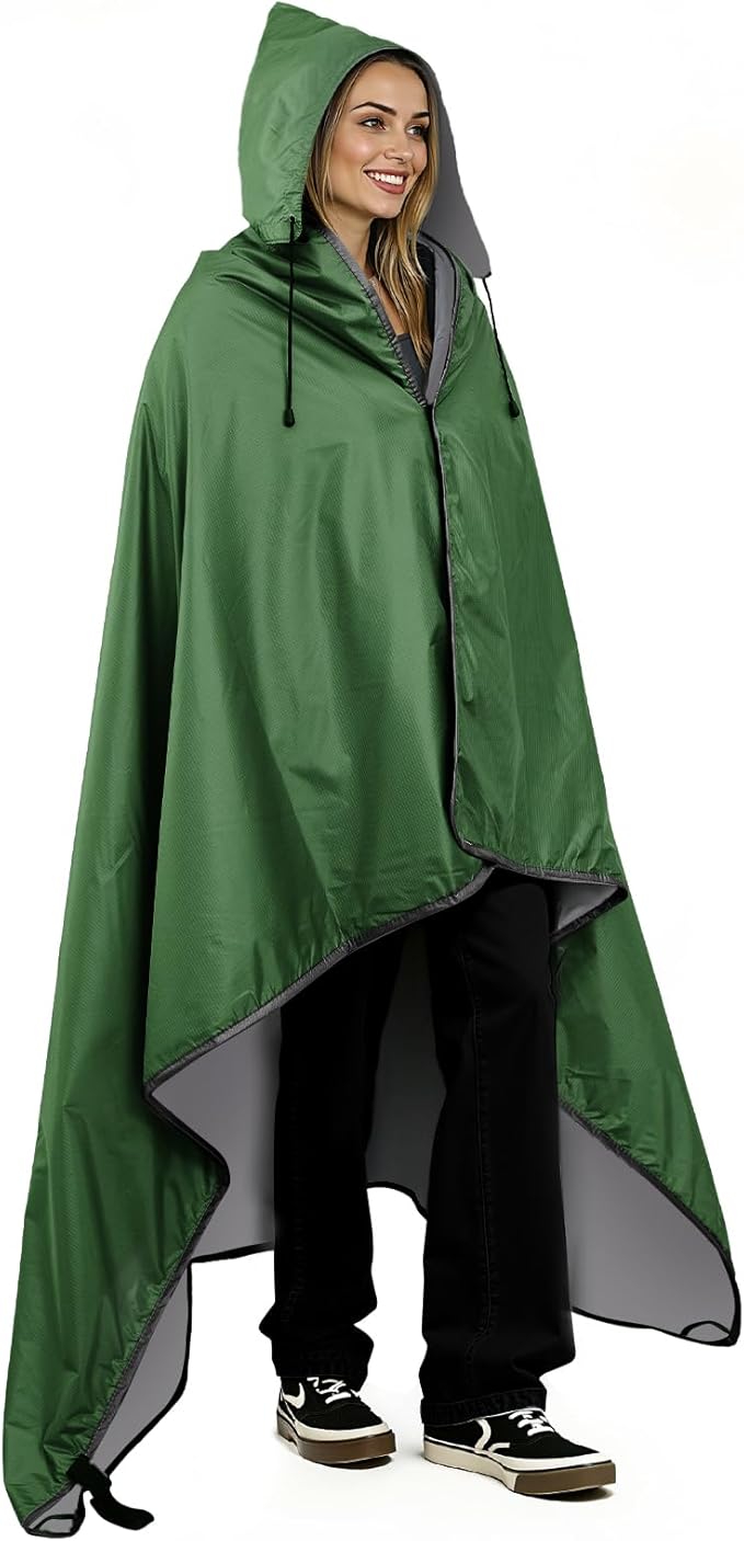 Fleece Waterproof Outdoor Blanket - Windproof Stadium Blanket for Camping, Picnics, and Sports Stay Dry and Comfortable 80"x 58"(Hoodeed, Green)