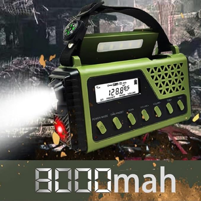 Emergency Radio with Bluetooth 5.0, Solar Hand Crank Portable Weather Radio for Power Outage, AM/FM/Shortwave Battery Operated Radio with Type-C Charger, Flashlight, Reading Lamp, SOS Alarm，8000mAh