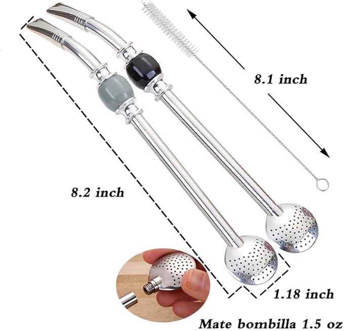 Set of 2 Premium big Yerba Mate stainless steel straws 8.2'' long - Bombillas for Mate gourd drinking,removable head filter, with Cleaning Brush (Gray-Black 2+1)