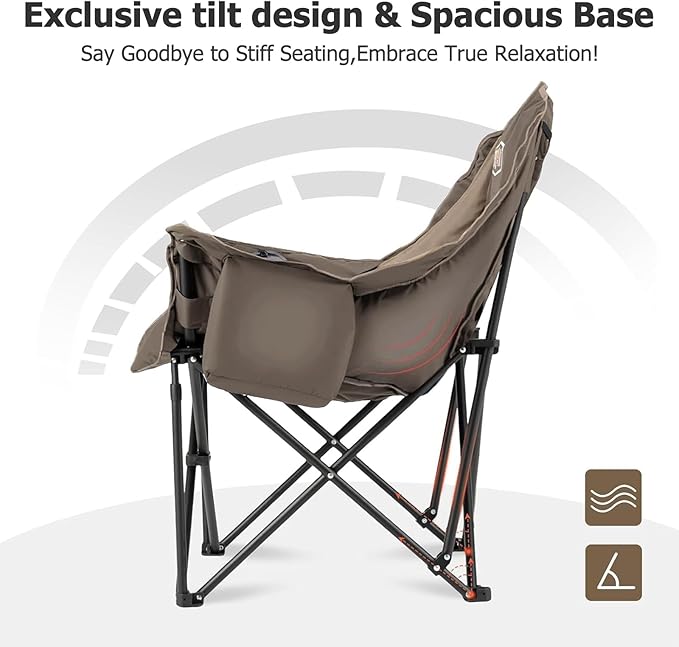Overmont Oversized XL Camping Chair for Adults - 400lbs Support Heavy-Duty Padded Folding Chair with Side Pocket Cup Holder Cooling Bag for Outdoor Sports Garden Beach Fishing Lawn Khaki 2pcs