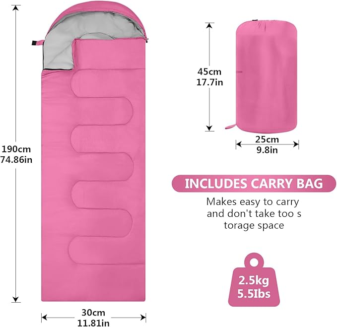 Sleeping Bags, Lightweight Camping Sleeping Bag for Adults, Kids, Hiking, Outdoor, Travel, Cold Weather & Warm