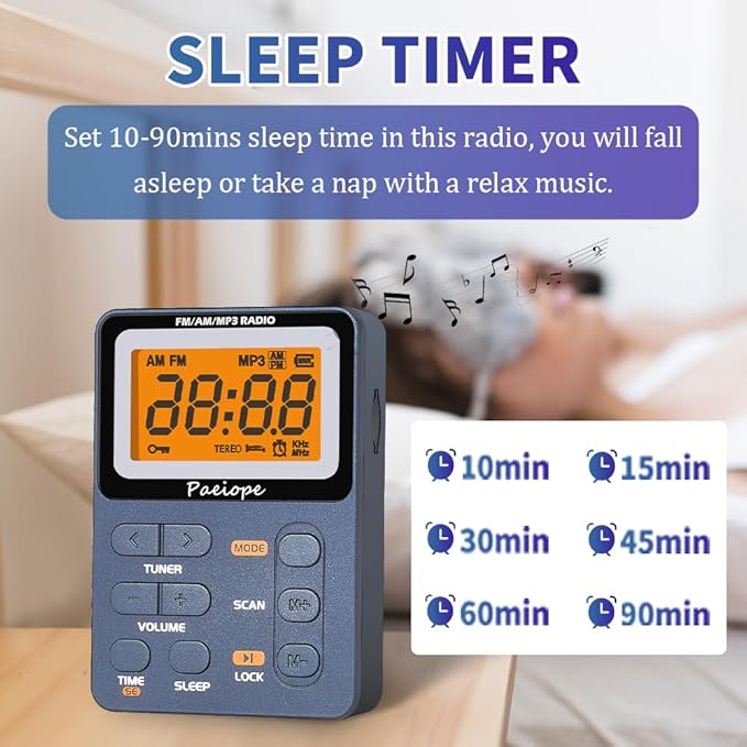 Portable Radio AM FM, Rechargeable Pocket Walkman with Best Reception Digital Tuning, MP3, Stereo Earphone, Large LCD Screen, TF Card Socket, Transistor Radio for Jogging/Gym/Camping(Blue)