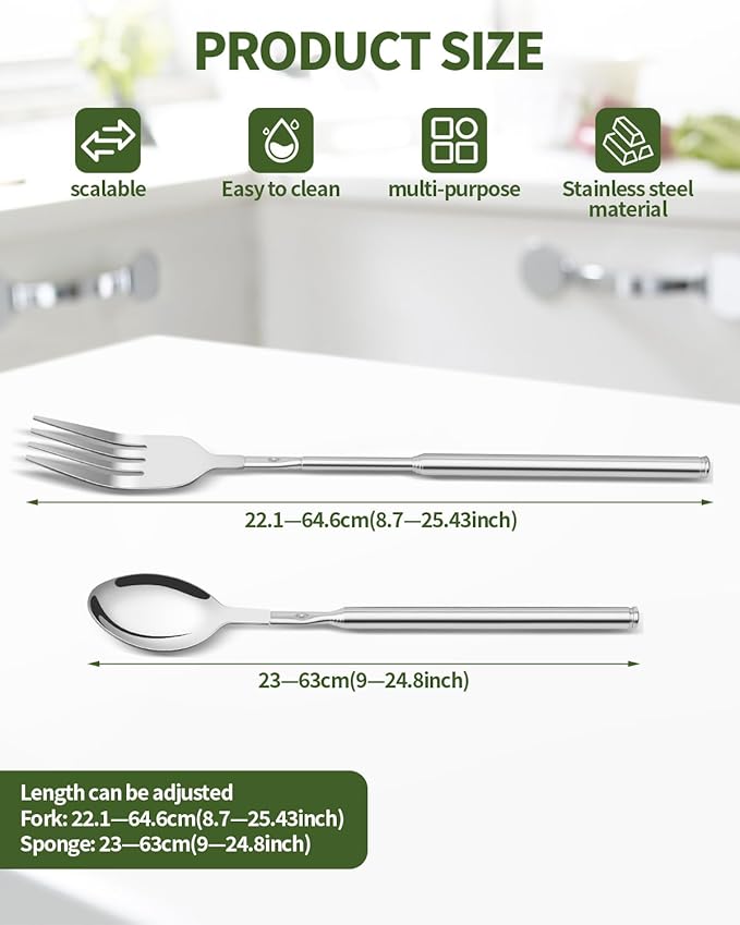 2 PCS Extendable Fork Spoon Set, Telescopic Stainless Steel Fork Spoon, Extendable 25.3 In, Dinner Forks for BBQ Dinner Fruit Dessert, Camping Flatware