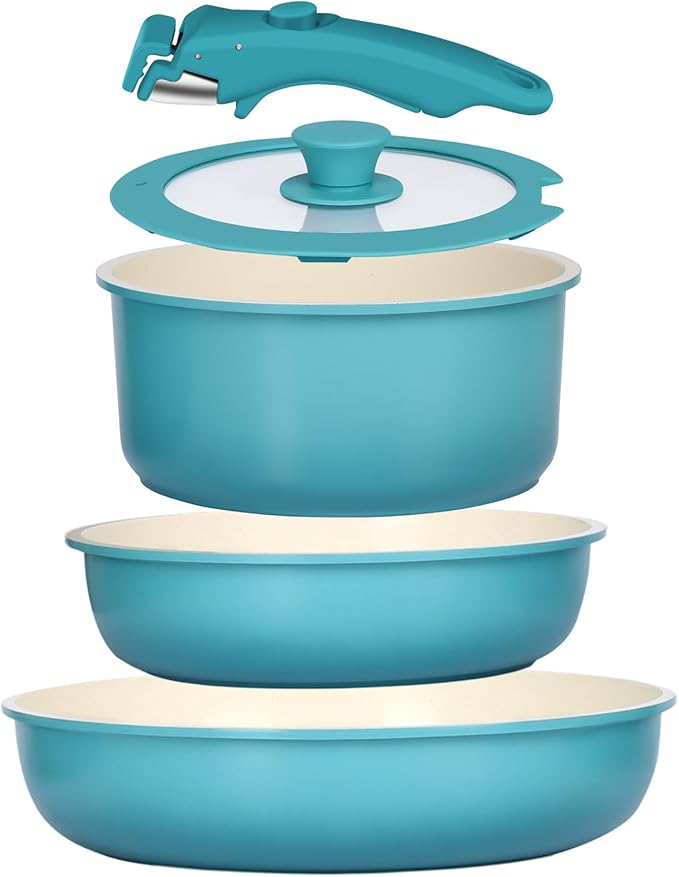 GIPP 5pcs Pots and Pans Set Non Stick, Nonstick Cookware Set Detachable Handle, Ceramic Pots for Cooking Non Stick with Removable Handle, RV Cookware Set for All Stoves, Light Blue Gradient