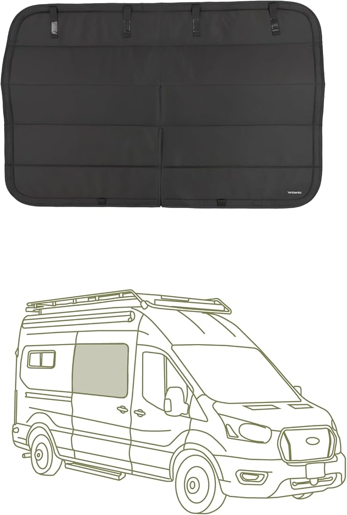 VanEssential Insulated Stealth Blackout Window Cover Designed for Ford Transit High/Medium Roof Full Plastic Trim Sliding Door Window (Van Years 2015 - Current) - Black