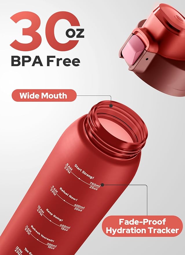 Opard Zip 30oz Plastic Water Bottle Dishwasher Safe, Leakproof Flip-Top Lid, BPA Free Tritan, Wide Mouth Reusable Sports Water Bottle for Gym Hiking Commuting Outdoor Travel and School