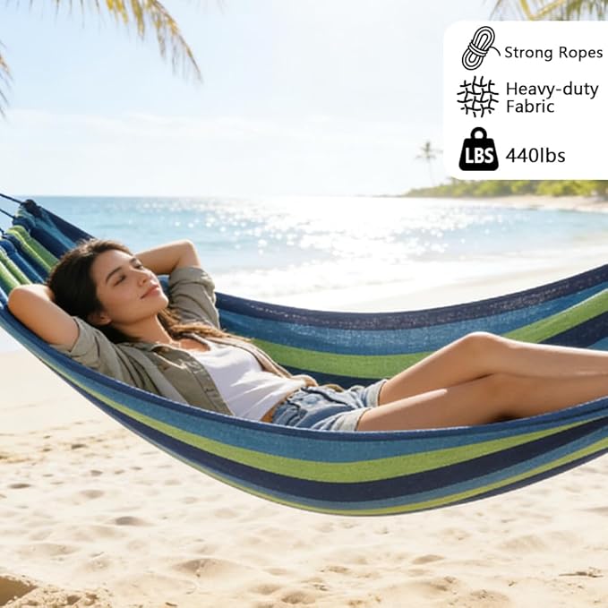 Cotton Canvas Hammock, Comfortable Fabric Camping Hammock with Tree Straps, Up to 440lbs with Travel Bag for Camping Outdoor/Indoor Patio Backyard(Blue&Green, Without bar)