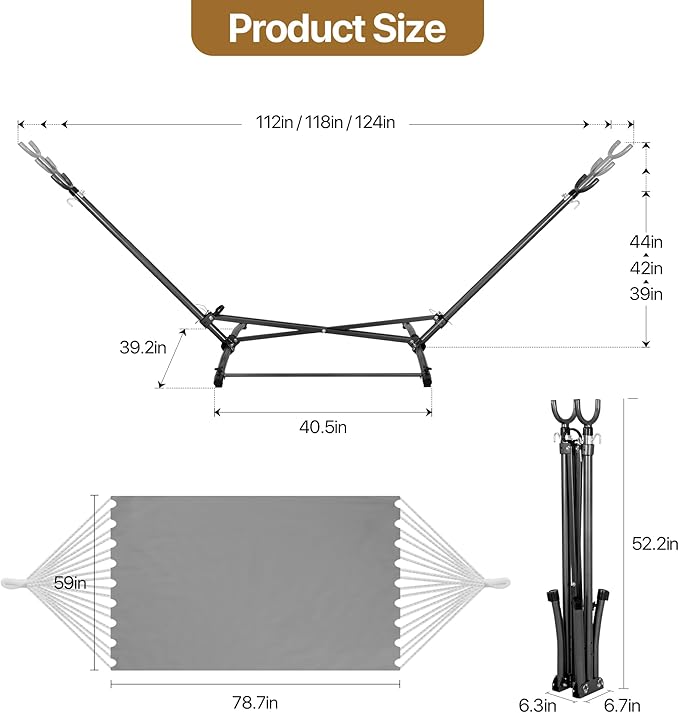 Homgava Portable Hammock with Folding Hammock Stand,Heavy Duty Steel Hammock Stand for Indoor and Outdoor with Carrying Bag,3 Holes for Height Adjustment, 550 LBS Weight Capacity,Grey