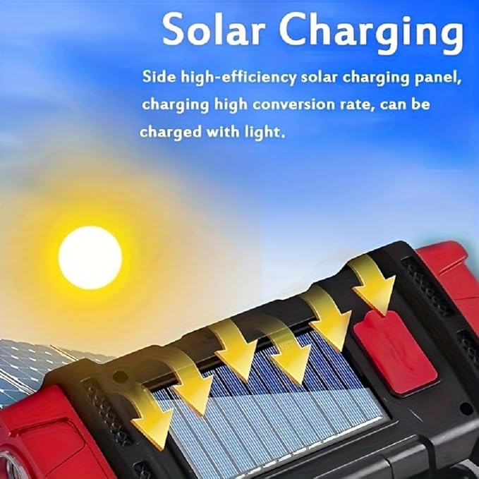 IFTHFOUR High Lumens Solar Flashlight - LED Work Light with USB-C Rechargeable, Waterproof, Multi-Function Flashlight & Lantern for Camping, Emergencies, and Outdoor(RED)