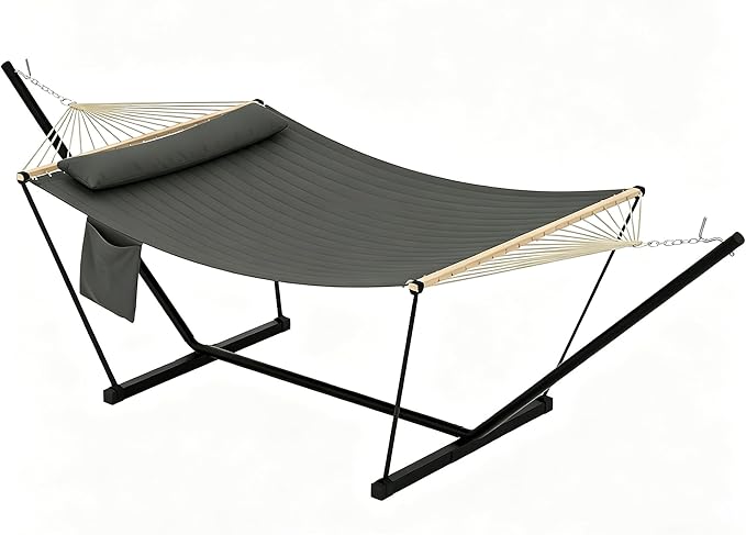 Garvee Double Hammock with Stand for Outdoor, Heavy Duty Portable 2 Person Hammock with Adjustable Steel Stand for Patio, Garden, Beach, Backyard
