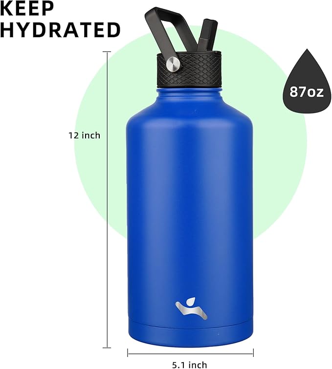 Konokyo Insulated Water Bottle with Straw,87 oz 3 Lids Water Jug with Carrying Bag,Paracord Handle,Double Wall Vacuum Stainless Steel Metal Flask,Blue