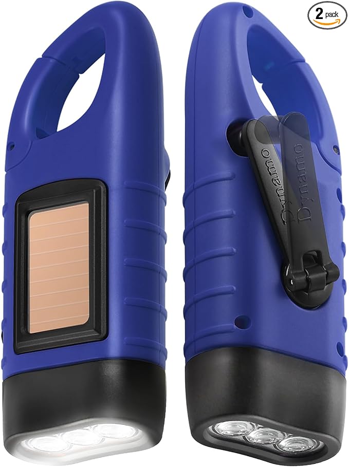 Simpeak 2-Pack Hand Crank Solar Powered LED Flashlight, Emergency Survival Flashlight with Dynamo Torch for Outdoor Sports (Blue)