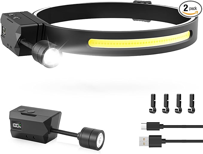 Headlamp Rechargeable 1 Pack, Detachable 230° Wide Beam LED 2 in 1 Head Lamps with Motion Sensor, Hard Hat Head Lamp for Adults, 7 Modes Headlight for Mechanics, Hiking, Outdoor Work