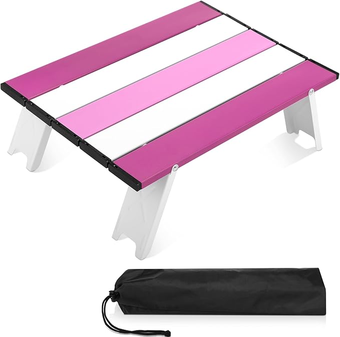 CroBlissful Beach Table Folding Camping Portable Table Striped White Aluminum Side with Carry Bag for Camping Picnics and Outdoor Activities(16x11x5 in,Pink)