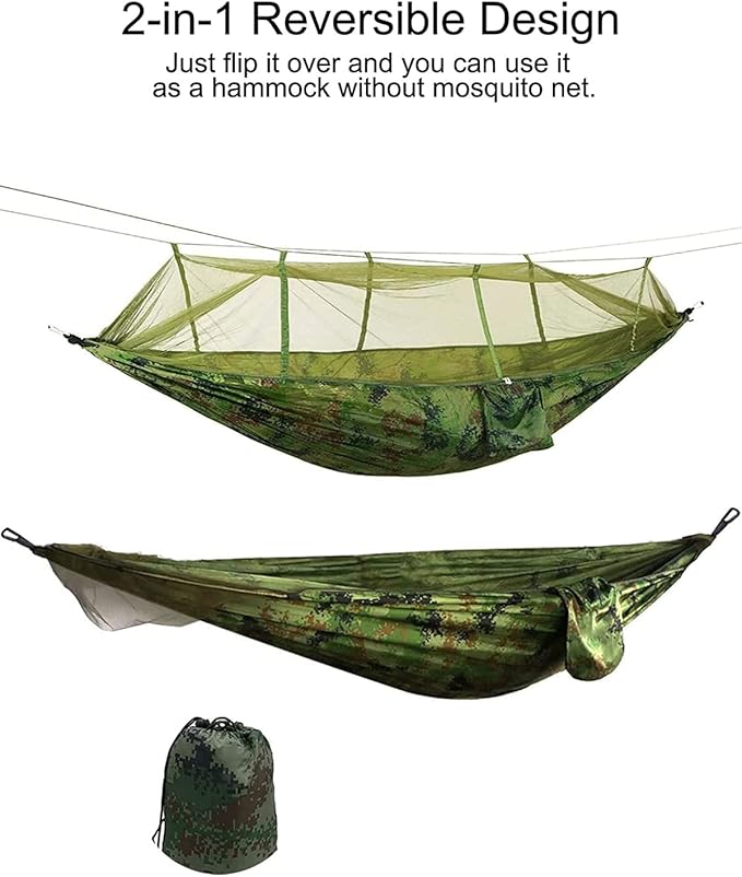 Fotgear Camping Hammock with Mosquito Net - Ultra Lightweight Durable Double/Single Travel Hammock 210T Parachute Nylon with Tree Straps 660lbs Capacity for Garden Camping Backpacking, Camo