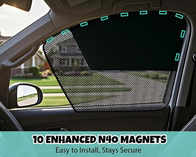 Car Window Shades, 2 Pack Magnetic Half Blackout & Half See-Through Car Shades for Side Windows, Front Window Cover Block Heat UV Rays Glare for Driver Passenger
