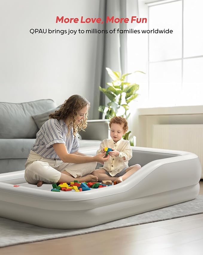 QPAU Inflatable Toddler Travel Bed with 3-Sided Safety Bumpers, Extra Large Kids Air Mattress, Includes Detachable Mattress, Portable for Camping, Travel, Home Use (Grey)