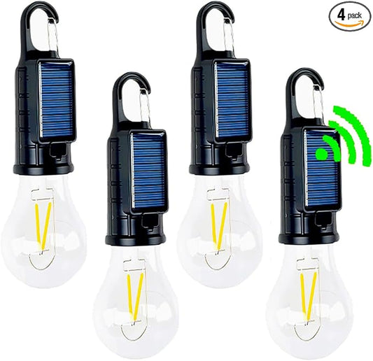 Solar Camping Lantern, Portable LED Camping Light with Light Sensor, USB Rechargeable Tent Light, Dusk to Dawn Waterproof Hanging Emergency Light for Outdoor Hiking Backpacking Patio Warm White 4 Pack