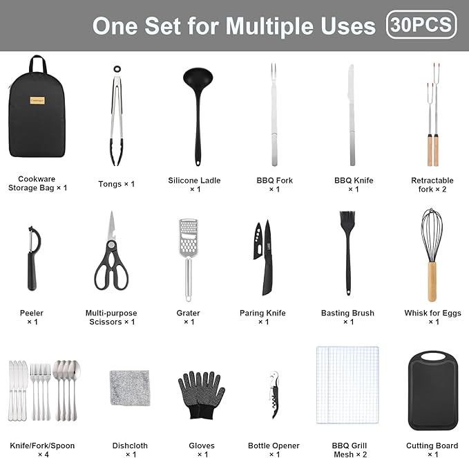 Camping Accessories Kitchen Cooking Utensils Set, Portable Outdoor Camp Cookware Set, Silicone Camper Essentials Gear Must Have Supplies for Travel RV BBQ Grill Picnic Hiking