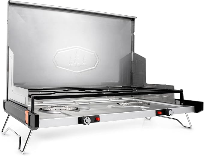 GSI Outdoors Pinnacle Pro 2-Burner Camping & Tailgating Stove, Ultra-Slim Portable Propane, 25,000 BTU, Windscreens, Folding Legs, Outdoor Cooking