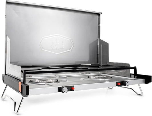 GSI Outdoors Pinnacle Pro 2-Burner Camping & Tailgating Stove, Ultra-Slim Portable Propane, 25,000 BTU, Windscreens, Folding Legs, Outdoor Cooking