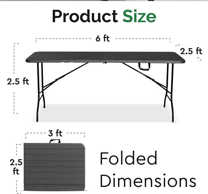 EconoHome Woodgrain 6ft Folding Table with Handle | Heavy-Duty Foldable Table | Portable Table for Indoor & Outdoor Use | Perfect for Events, Camping, Parties, Dining & More