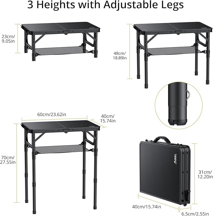 Anbte Folding Camping Table with Storage Net, Pure Black Aluminum 2ft Picnic Table 23.2" x 16" Outdoor Table Adjustable Height Max 27.5", Lightweight, Waterproof, Portable Handle for Travel Cooking