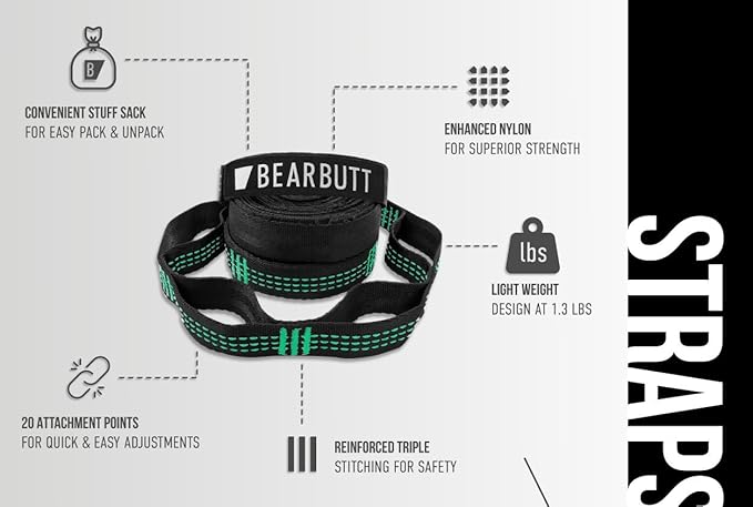 Bear Butt Kodiak Hammock Straps for Trees - 20 Feet Long, 40 Combined Loops - Holds 1000 Pounds - Camping Accessories With Carabiner