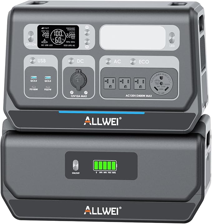 ALLWEI 2400W Portable Power Station with B200 PRO Expansion Battery, 4096Wh LiFePO4, 3600W Super Power Mode, 1500W AC Charging & 1200W Solar Charging Generator for Camping Home Outdoor Emergency