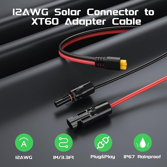 Bateria Power Solar to XT60 Charge Extension Cable 12AWG 3.3Ft Solar Connector to XT60 Adapter Cable for Solar Panel to LiFePO4 Battery RV Portable Power Station Solar Generator