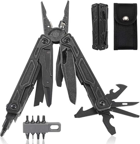 27-in-1Multitool Pliers with Scissors, Rope Cutters,Saw, Screwdrivers,Can Opener,File,Carrying Pouch,Stainless Steel Pocket Multi-Tool Ideal for Camping Survival and Gift,Black